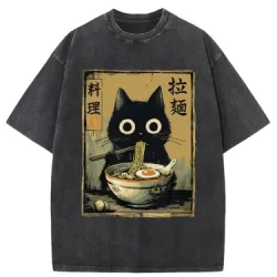 Tokyo-Tiger Cute Black Cat Eating Ramen Japan Washed T-Shirt